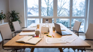 Besprechungstisch mit Unterlagen, Kalender und Laptop vor winterlichem Fenster – Symbolbild für die Lohnabrechnung zum Jahreswechsel 2026/2027