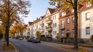 Reihe von Mehrfamilienhäusern an einer Wohnstraße im Herbstlicht – Symbolbild für Spekulationsfrist und Kaufpreisaufteilung bei Immobilien